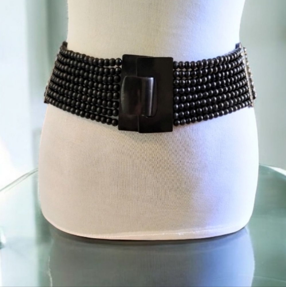 Vintage Dark Brown Beaded Stretch Belt With Beautiful Hook Buckle Sz L